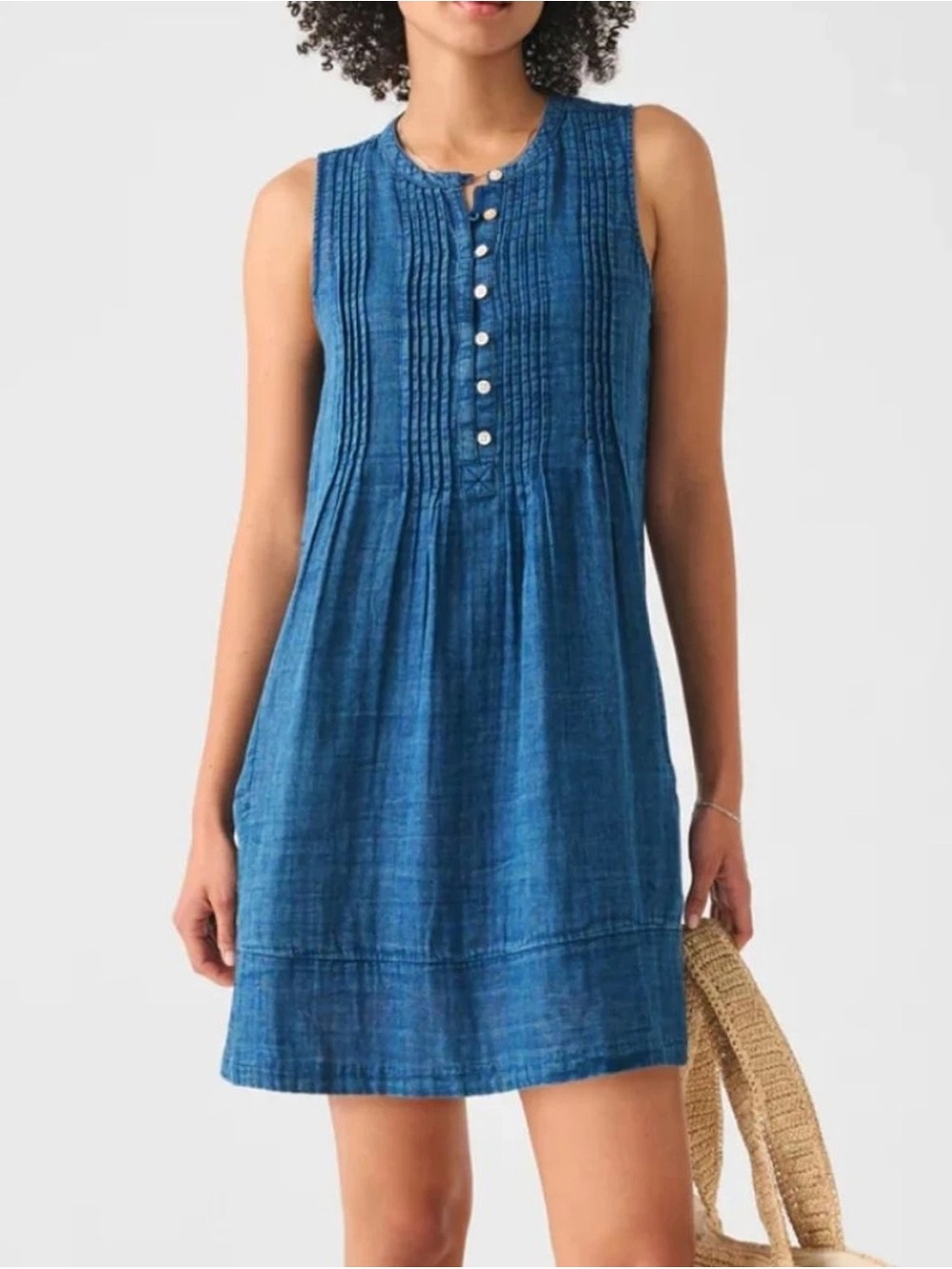 FAHERTY (M) Isha Sleeveless Organic Cotton Dress Basketweave Indigo Pockets